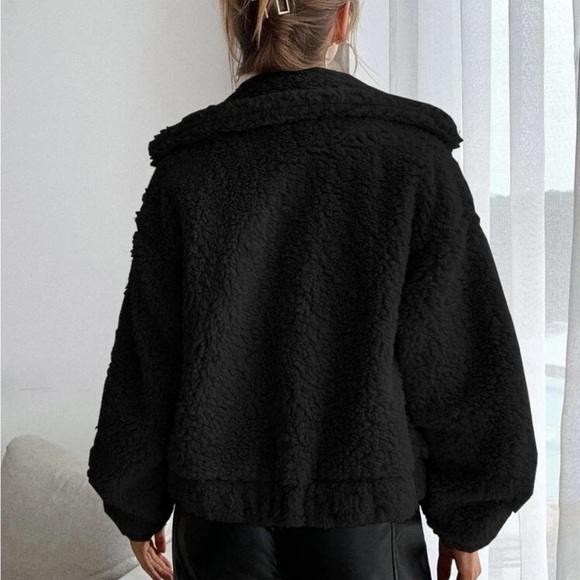 Cozy black zip up teddy jacket - Picture 3 of 6